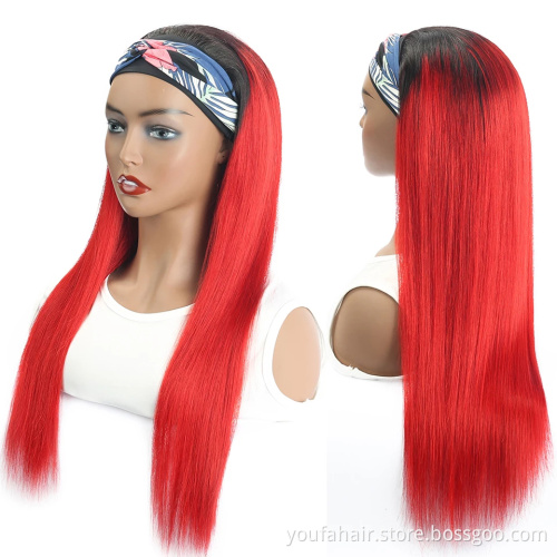 Brazilian Human Hair Headband Wigs Ombre Red Colored Human Hair Straight Wigs for Black Women Remy Hair No Lace Machine Made Wig